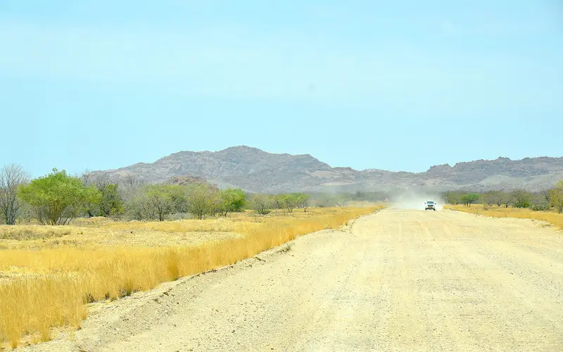 A straight Namibian gravel road running through dry grassland