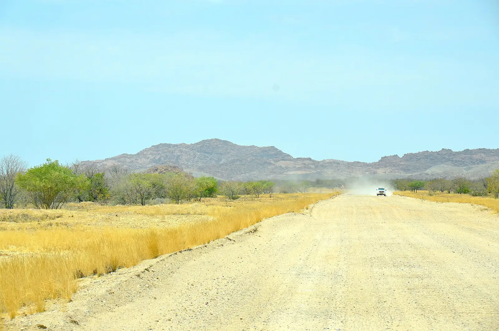 A straight Namibian gravel road running through dry grassland