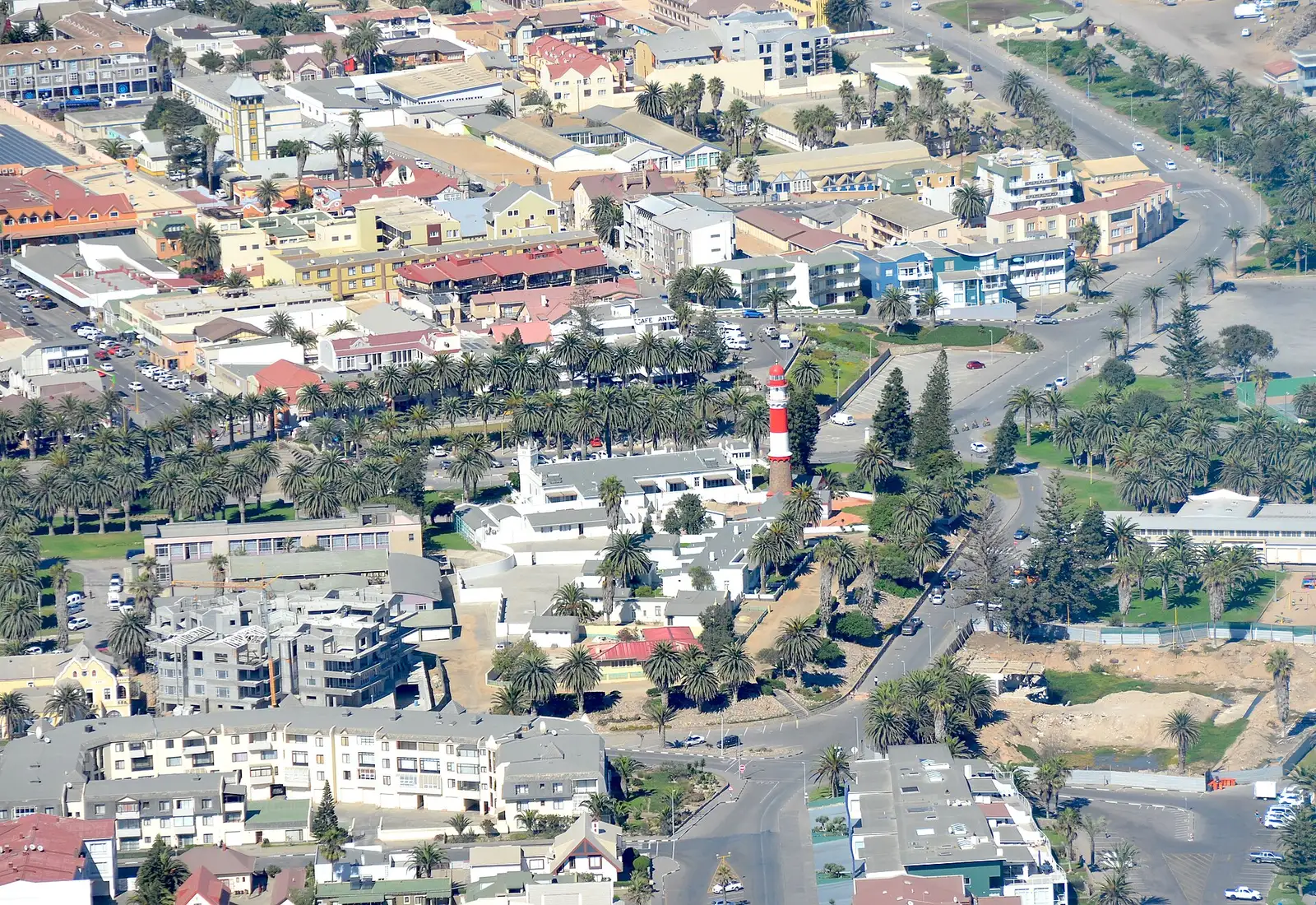 Aerial view of Swakopmund town centre around the lighthouse, with the Atlantic beyond