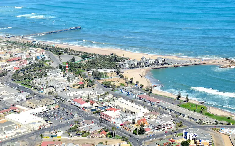 Aerial view of central Swakopmund with the Mole, jetty and lighthouse