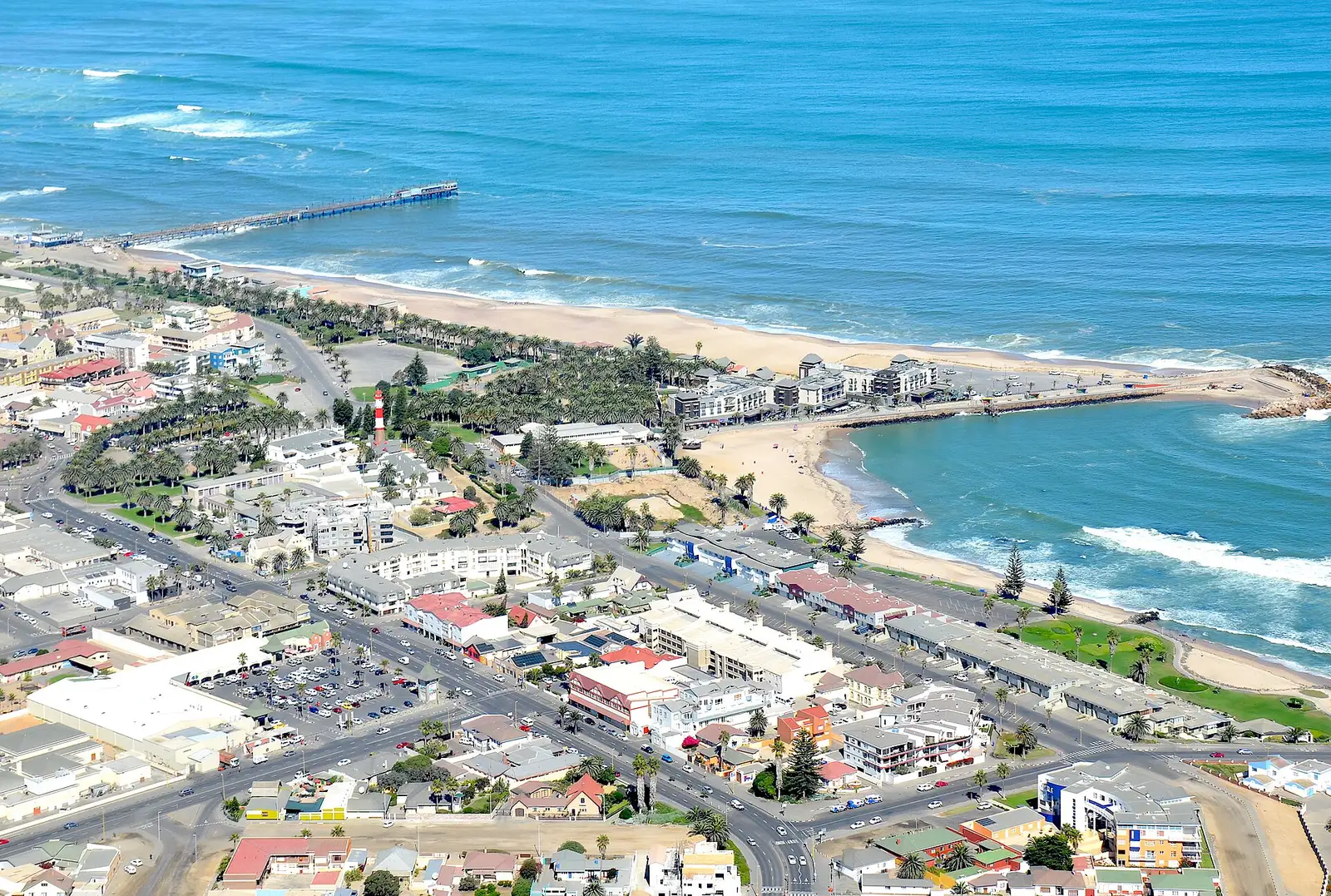 Aerial view of central Swakopmund with the Mole, jetty and lighthouse