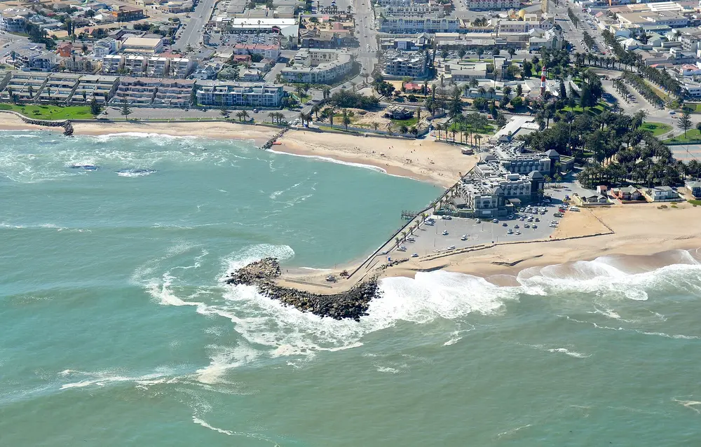 Aerial view of the Mole breakwater and Palm Beach in Swakopmund