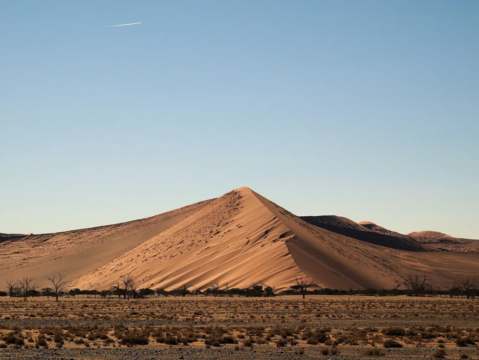 A red dune rising beside the road through the Namib Desert towards Sossusvlei