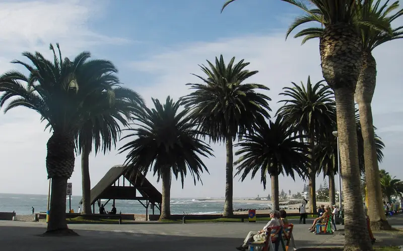 Palm-lined seafront promenade in Swakopmund