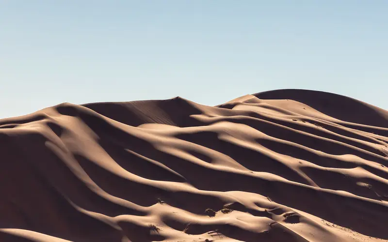 Geschwungene rote Dünen und lange Schatten im Sossusvlei in der Namib-Wüste