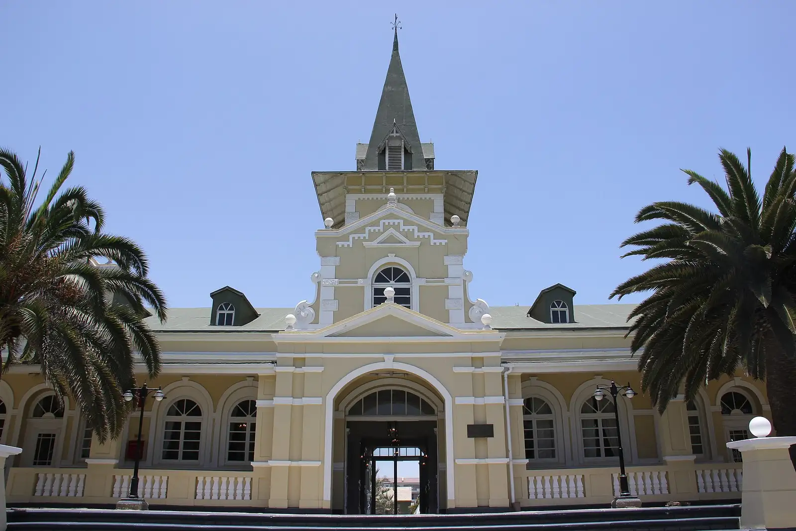 Grand facade of the Swakopmund Hotel & Entertainment Centre in the old railway station building