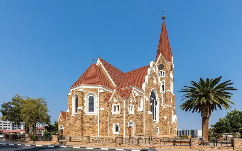 The Christuskirche, Windhoek's landmark Lutheran church, against a blue sky